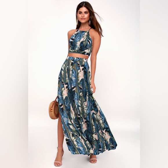 Lulus Dresses & Skirts - NEW Blue Leaf Print Two-Piece Maxi Dress